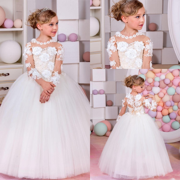 2017 New Flower Girls Dresses Long Sleeves Jewel Neck Illusion Lace Appliques 3D Flowers Long Birthday Communion Children Girl Pageant Gowns