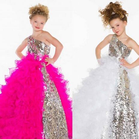 2016 Cute Lovely Sequins Crystal Ruffles A Line Tulle Girl's Pageant /Flower Girl Dresses With One Shoulder Neckline