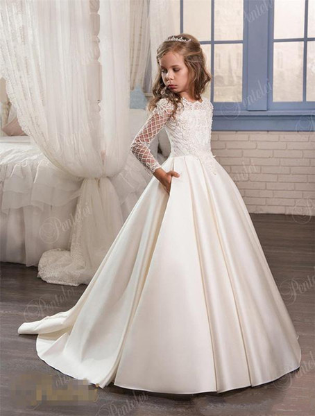 Flower Girl Dresses A Line Jewel Long Sleeve Sweep Train Girls Pageant Dresses With Lace Satin Flower Girl Dresses For Wedding Party