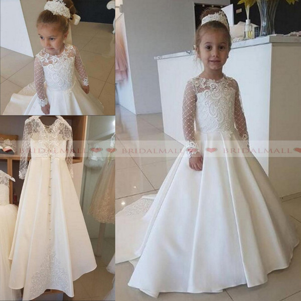 Ivory Satin Lace Applique Flower Girl Dress For Wedding Party Long Sleeves Little Kids Girls First Communion Gowns Christmas Pageant