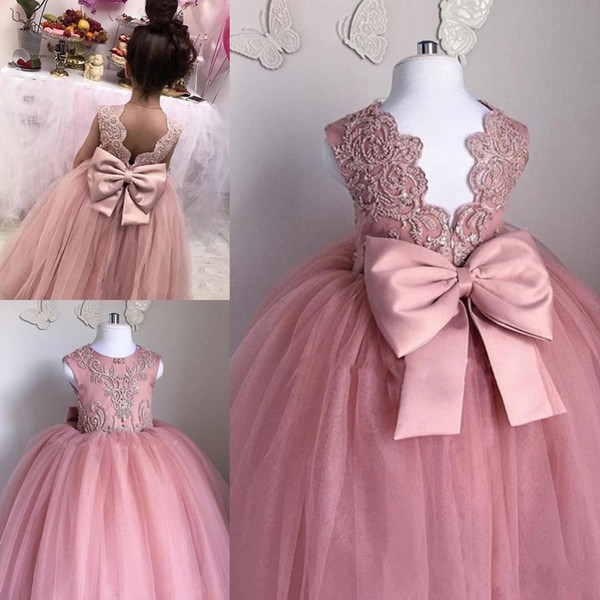 Pink Flower Girls Dresses Sheer Jewel Neck Sleeveless Lace Appliques Tulle Girl Pageant Gowns Birthday Dresses With Big Bow