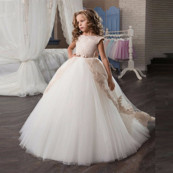 2019 Elegant Girl Pageant Dresse Princess Bow Short Sleeve Prom Dress Vestido Floor Length Graduatioin Party Ball Gown for Girls