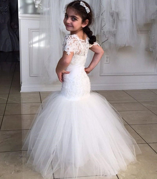 Lace Mermaid Flower Girl Dresses New Coming 2018 Floor Length Fashion Wedding Pageant Gowns Sheer Short Sleeve Tulle Modern Lovely