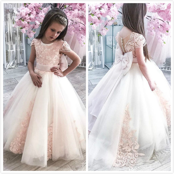 Lace Cheap African Flower Girl Dresses Cap Sleeves Tulle Little Girl Wedding Dresses Vintage Child Communion Pageant Gowns