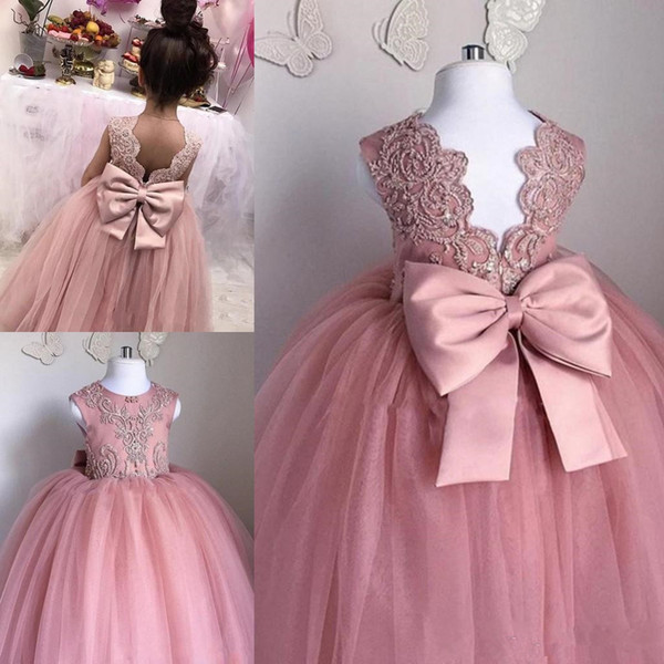 Pink Flower Girls Dresses Sheer Jewel Neck Sleeveless Lace Appliques Tulle Girl Pageant Gowns Birthday Princess Dresses With Big Bow