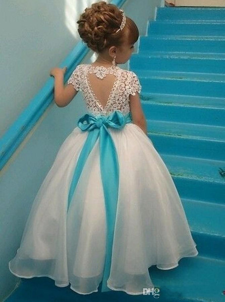 Lace Organza special design of back Floor-length Ball Gown Sash Beads Bow Lovely Flower Girl Dresses Pageant Girl Dresses