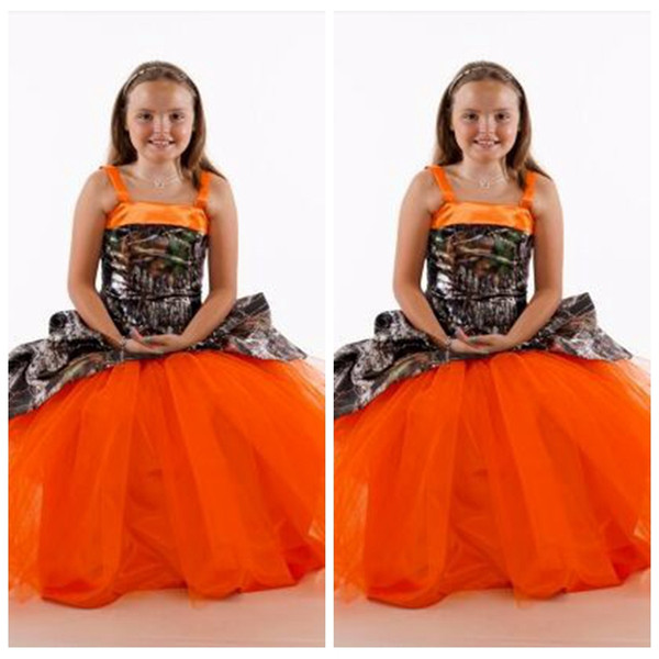 Spaghetti Camo Satin Flower Girls Dresses Tulle Skirt Long Custom Online Kids Formal Party Gowns Girl Wedding Party Wear Cheap