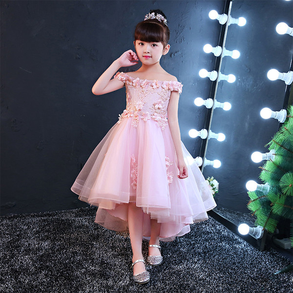 Lace Tulle High Low Princess Flower Girl Dresses Bateau Neck Fashion Girl Dresses For Wedding Party Wholesale