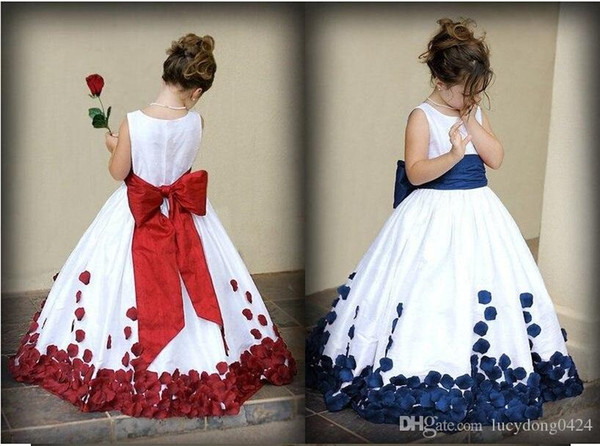 Flower Girl Dresses With Red And White Bow Knot Rose Taffeta Ball Gown Jewel Neckline Little Girl Party Pageant Gowns 2016 Fall New