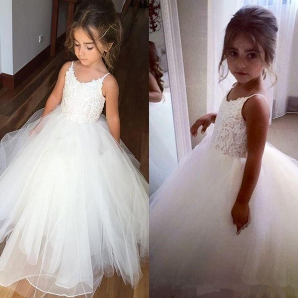 Cheap Spaghetti Lace And Tulle Flower Girl Dresses For Wedding White Gown Princess Girls Pageant Gowns Children Communion Dress