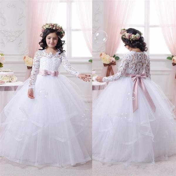 2016 Lovely White Lace A Line Flower Girls Dresses for Weddings Long Sleeves Kids Wedding Dress Pageant Gowns for Little Girl Birthday Gowns