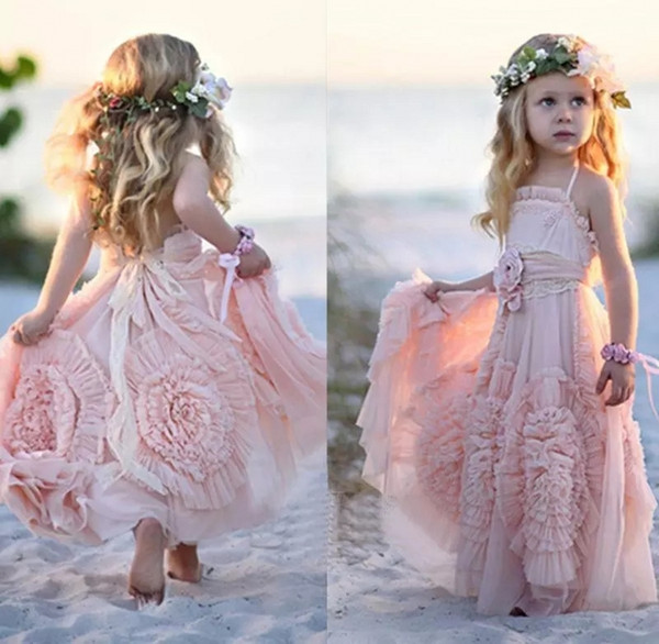 Pink Halter Little Girls Party Dresses Chiffon Ruffles Flower Girl Dresses For Beach Wedding Floor Length Pageant Gowns With Flowers WY105