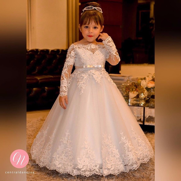 Bateau Long Sleeves Bow Ball Gown Lace Appliques Beautiful Wedding Gown Flower Girl Dress