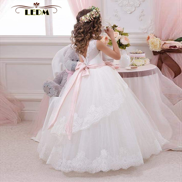 White ivory First Communion Dresses for Girls Ball Gown Belt Pink Elegant Flower Girl Dress 2-14