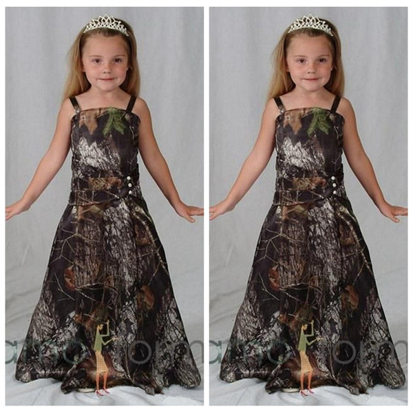 2017 Cheap Spaghetti Satin Camo Flower Girls Dresses Floor-Length Formal Camouflage Kids Children Formal Wedding Party Wear