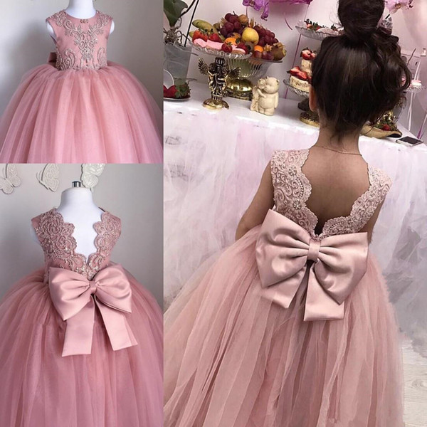 Baby Infant Toddler Birthday Party Dresses Blush Pink Rose Gold Sequins Bow Lace Crew Neck Tea Length Tutu Wedding Flower Girl Dresses 8564