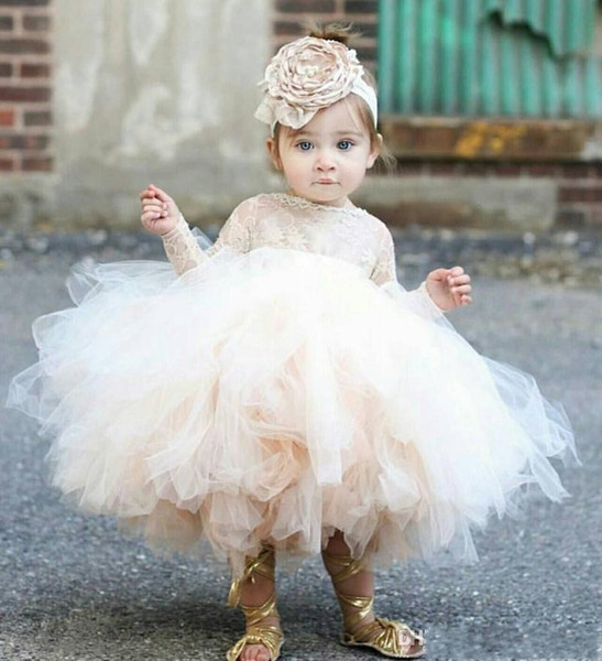 Baby Infant Toddler Pageant Clothes flower girl dress, long sleeve lace tutu dress, ivory and champagne flower girl dress wedding dresses