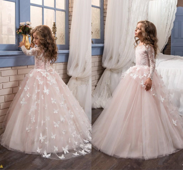 2017 Cheap Little White Long Sleeves Lace Flower Girl' Dresses Tulle Lace Applique Butterfly A Line Little Girls 'Wedding Party Dresses