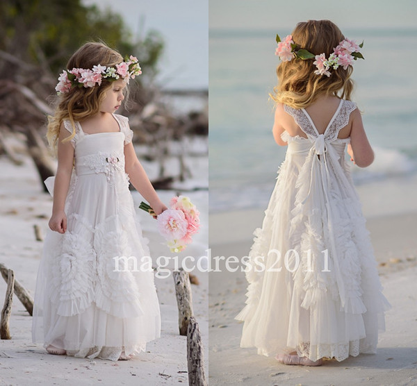 Gorgeous White Flower Girls' Dresses For Wedding 2016 Square Lace Ruffles Kids Formal Wear Sleeveless Long Beach Girl's Pageant Gowns