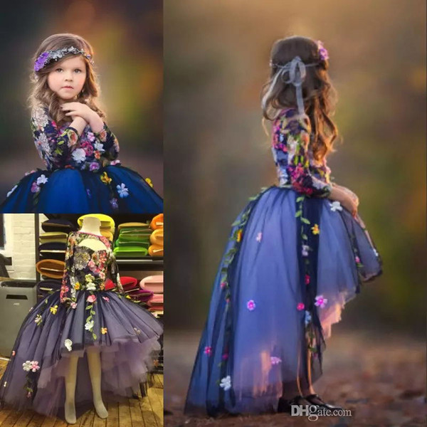 High-Low Fairy Flower Girls Dress Jewel Neck Key-hole Long Sleeve 3D Floral Appliques Toddler Pageant Dresses Lovely Fluffy Communion Dress