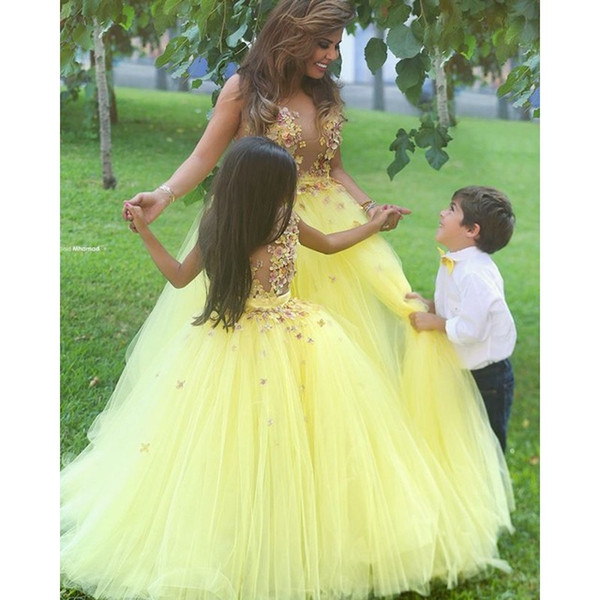 Ball Gown Said Mhamad TuTu Flowers Girls Dresses Little Girl Patterns Mother and Daughter Dress Gowns A-Line Crew Neck Yellow Partys