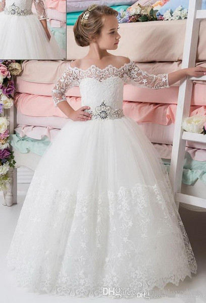 2019 New Princess Flower Girls Dresses Bateau Neck Beaded Sash Lace Half Sleeves Pageant Gowns Long Floor Tulle Communion Dress
