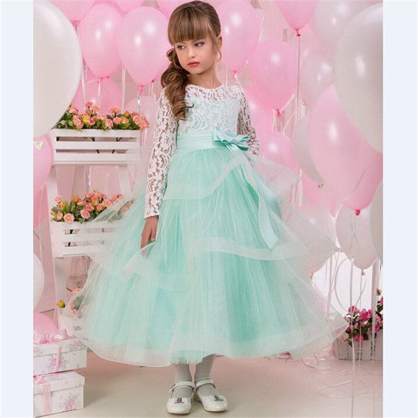 Mint Skirt Flower Girls Dresses Long Sleeves Soft Ivory Lace Appliques Bow Wedding Girl Wear First Communion Dress