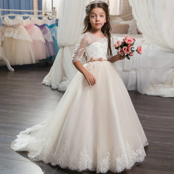 2018 Beautiful Champagne Lace Flower Girl Dress with Sleeves Lace Train Kids Corset Ball Gown Prom Dress for Girls Size 8 12