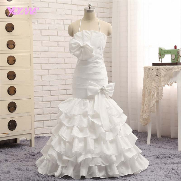 Elegant Halter White Mermaid Flower Girl Dresses Wedding Party Dress for Girls Lace-up Taffeta Ruffles Christening Gown