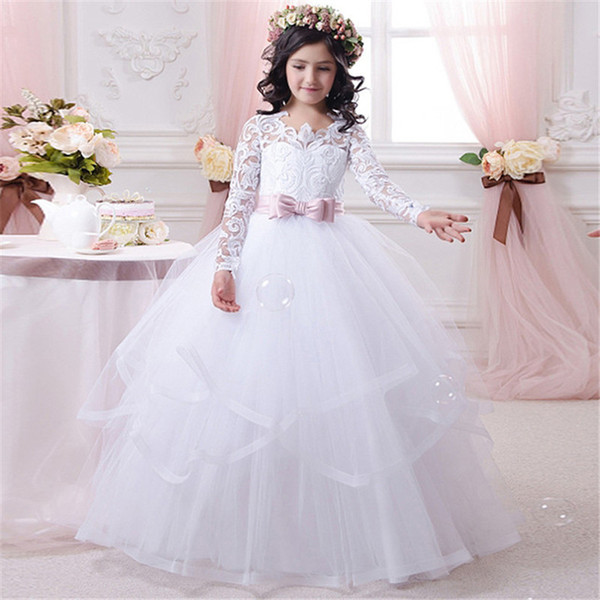 Elegant Pageant Dresses for Juniors White Bow Sash O-Neck Long Sleeves Solid Ball Gown Girls Communion Dresses 2019 New Arrival