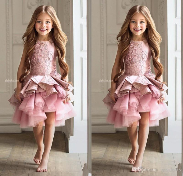 Luxury Lace Pink Lace Flower Girl Dresses Appliques Ruffles Tiered Kids Beauty Pageant Ball Gowns For Girls Vestidos