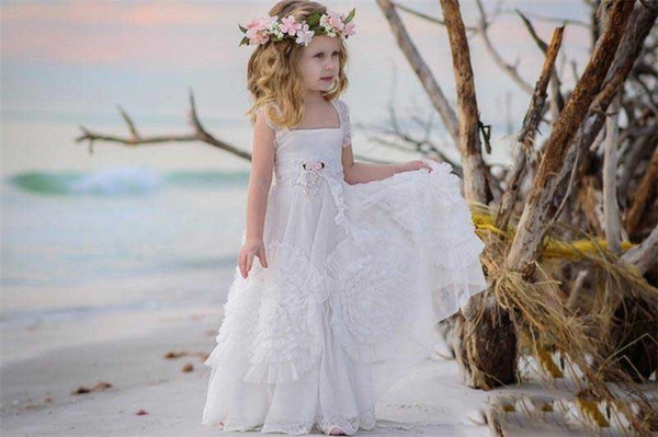 Custom Flower Girls Dresses Spaghetti Cute Lovely White Applique Ball Gown Little Kids Pageant Dress Birthday Formal Gowns