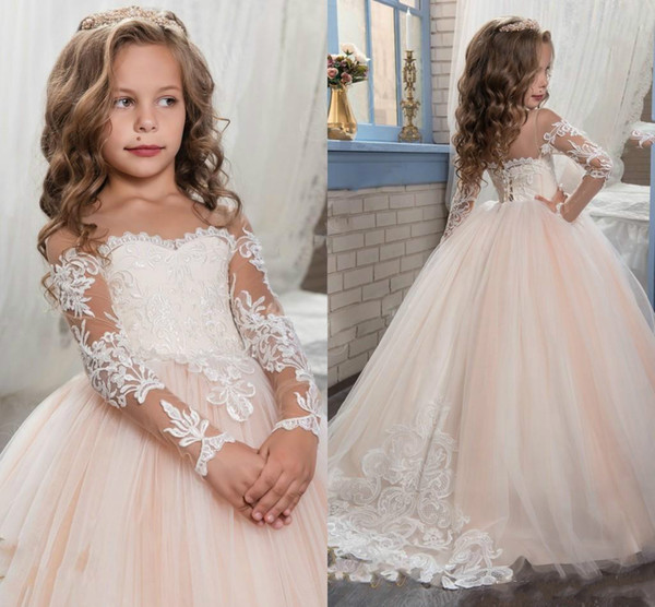 Blush Pink Flower Girls Dresses For Weddings Long Sleeves Lace Appliques Arabic Ball Gown Birthday Girl Communion Pageant Gown