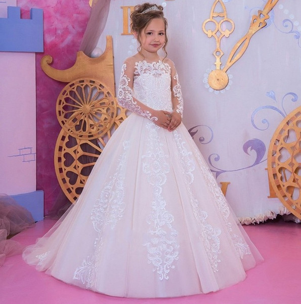 Formal Long Sleeve Lace Flower Girl Dresses Princess Party Prom Birthday Weddings Bridesmaid Children Dress ST134