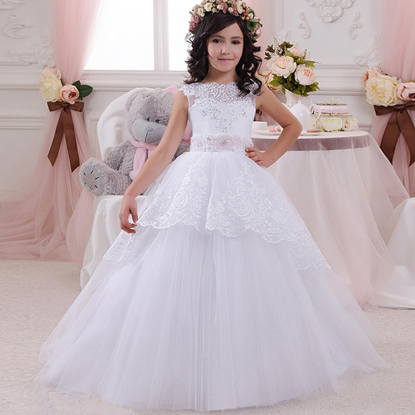 2018 New First Communion Dresses for Girls Ball Gown Solid Bow Sash Sleeveless O-Neck Ankle Length Flower Girl Pageant Dresses