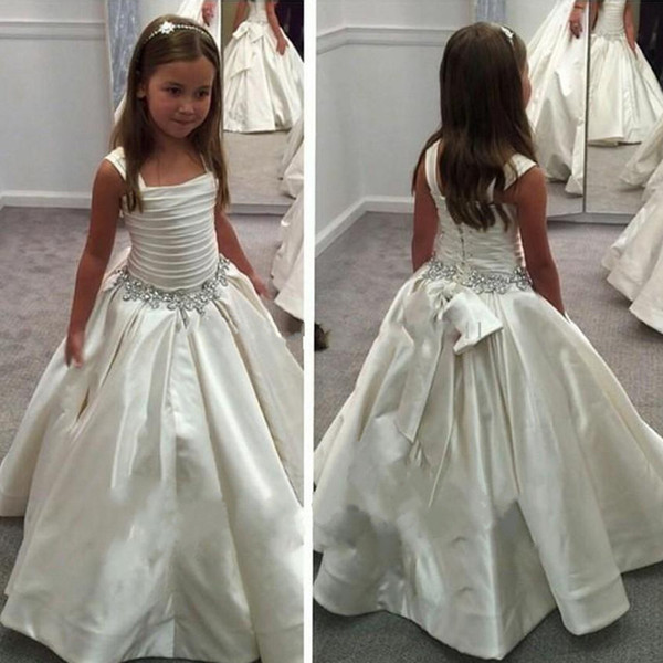 Satin Ball Gown Flower Girl Dresses Square Neckline Bling Crystal Ribbon Ruched Long Baby Gown For Wedding flowergirl dresses