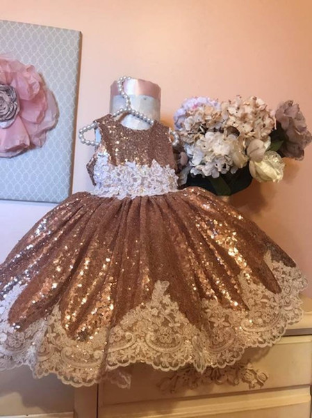 Vintage Sequins Lace Flower Girls' Dresses Baby Infant Toddler Baptism Clothes With Big Bow Tutu Ball Gowns Birthday Party Dress