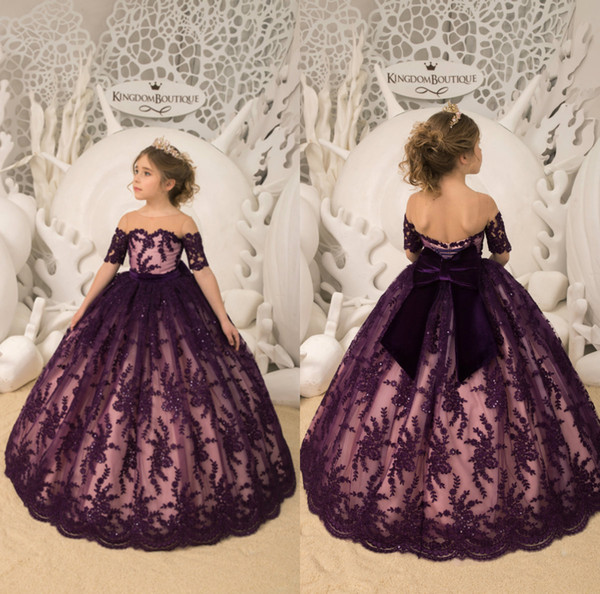 Grape Flower Girl Dresses Short Sleeve Lace Sequins With Big Bow Girls Pageant Gowns Toddlers First Communion Gowns For Wedding Party