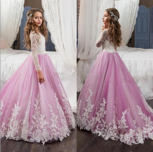 Elegant Long Sleeves Flower Girls Dresses For Weddings 2017 Jewel Lace Appliques Pageant Dress for Girls Child Formal Wear Gowns