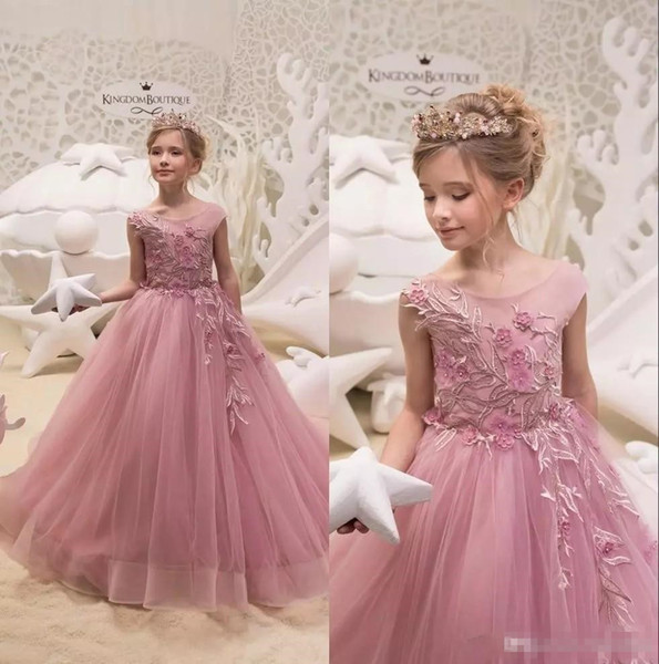 2017 Cute Cheap Flower Girl's Dresses Sheer Neck Ball Gown Satin Baby Girl Birthday Party Pageant Dresses GIrl Pageant Gowns