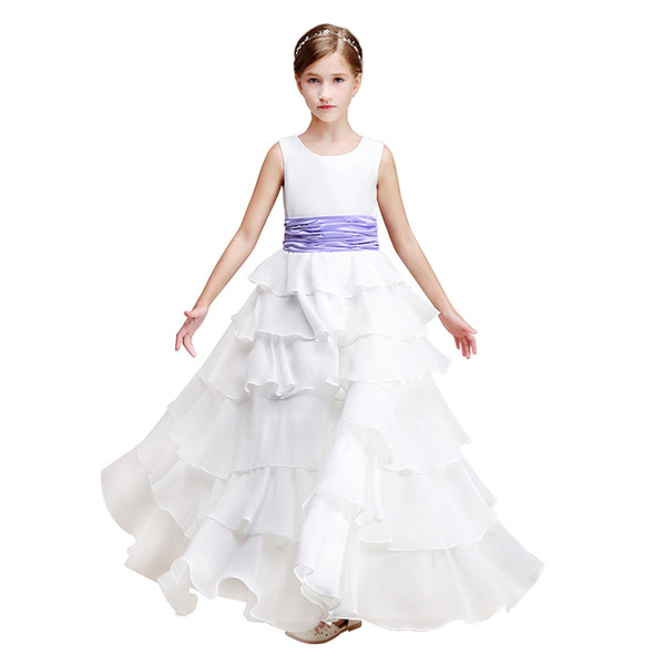 Tiered Organza Princess Flower Girl Dresses with Handmade Flower Jewel Neck Christening Dresses Floor Length Communion Gowns