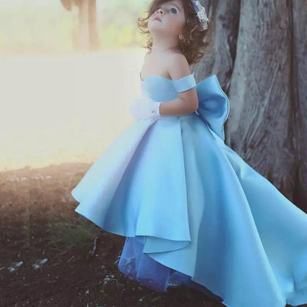 2017 Stuning Off the Shoulder Flower girls Dress for Wedding Hi Low back big Bow Custom Made Party dresses