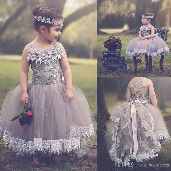 New Designer Lovely Flower Girls Dresses Lace Applique Halter Neck Tiered Tulle Ankle Length Girls Pageant Dress For Kids Prom Dress