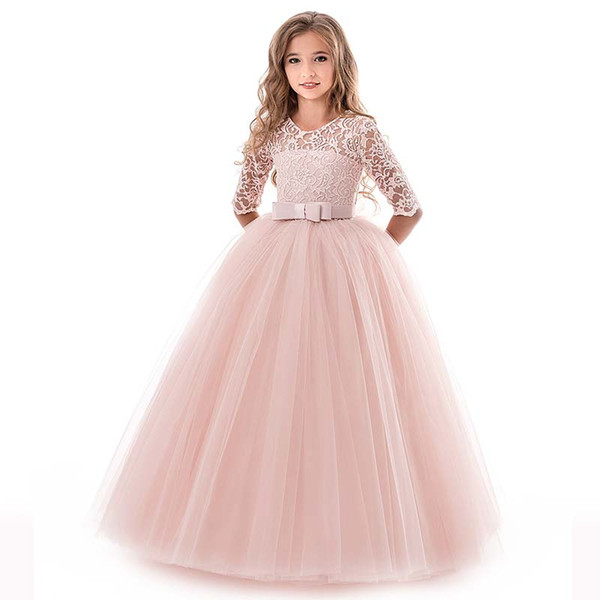 Flower Girl Dresses For Weddings Party 1/2 Sleeve Jewel With Applique Lace Sash Bow First Communion Kids Formal Gowns