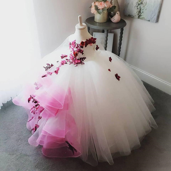 Stunning Princess Ball Gown Flower Girl Dresses Hand Made Flowers Lace Long Little Girl Brithday Wedding Party Gowns Cute Pageant Dress