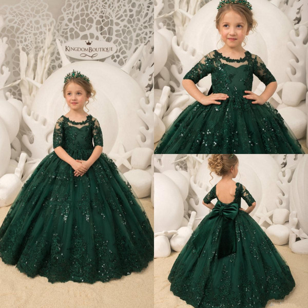 New Cheap Dark Green Flower Girls Dresses Jewel 1/2 Sleeve Lace Appliques Sequins Ball Gown Backless Child Birthday Girls Pageant Gowns