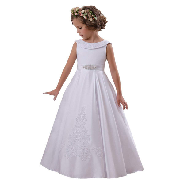 Elegant O-Neck Flower Girl Dress Kids Dress Sleeveless A-Line Stain Party Wedding Dresses for Girls 2-14 Year Old