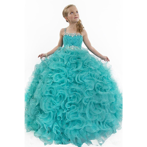 New Elegant Ruffle Spaghetti Straps Ball Gown Flower Girls Dresses For Weddings Beads Crystal Girls Pageant Dresses Formal Wear Gowns