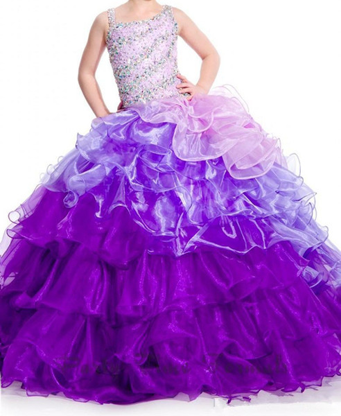 Purple and Blue Pageant Dress for Girls Beads Satin Charming Organza Tiered Girls Pageant Dresses Size customization