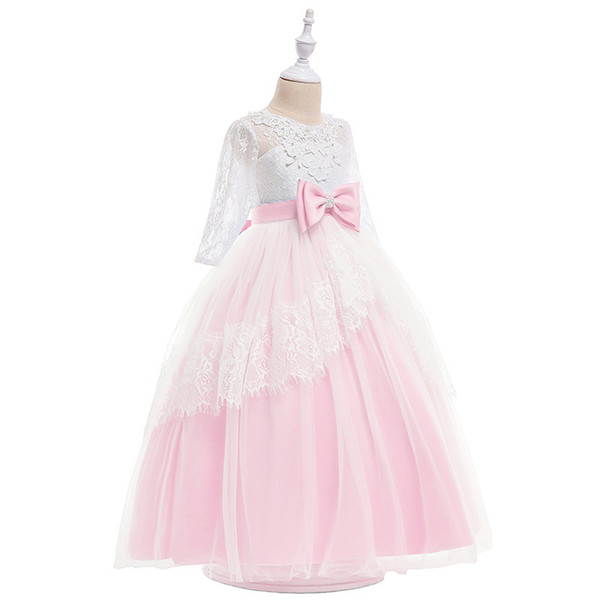 2018 New Pink Flower Girl Dresses White Lace Girl's First Communion Dress V Back Long Sleeve A-Line Cheap Kids Wedding Gowns